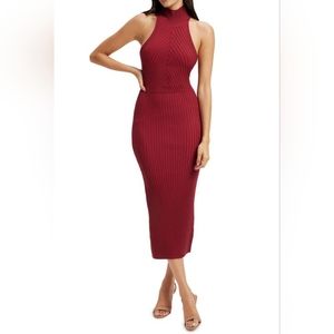 GOOD AMERICAN NWT Angled Rib Mock Halter Midi in Burgundy / XS/S 1-2